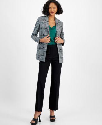 Bar Iii Womens Plaid Double Breasted Blazer Satin Sleeveless Cami Compression High Rise Flare Leg Pants Created For Macys Product Image