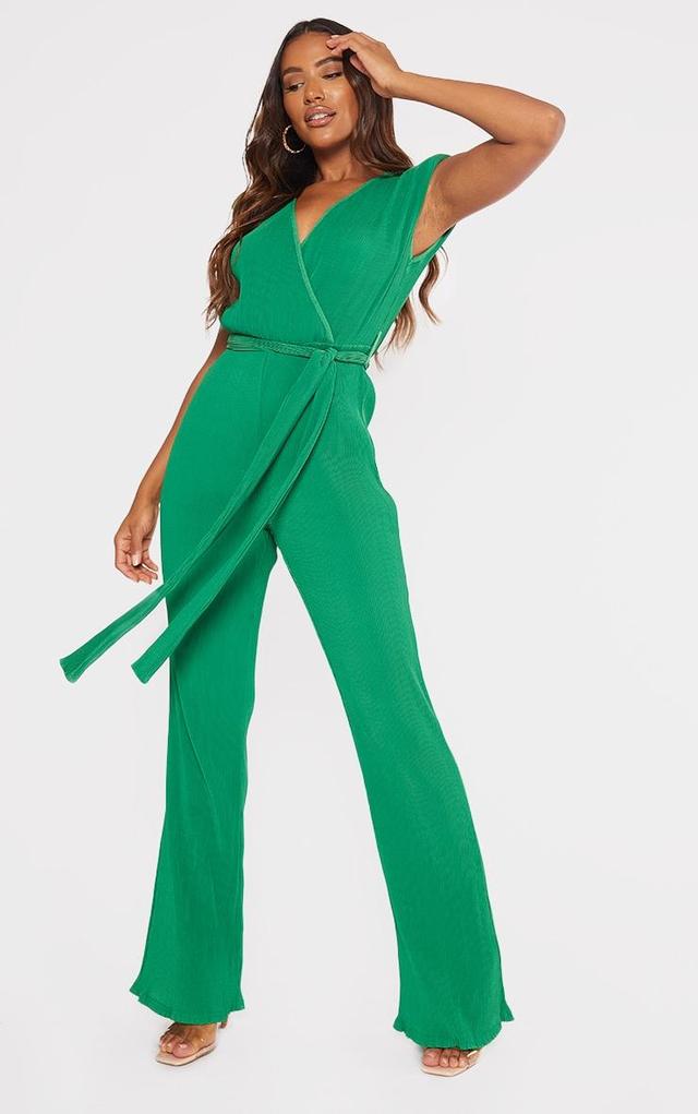 Bright Green  Pleated Shoulder Pad Flared Leg Jumpsuit Product Image