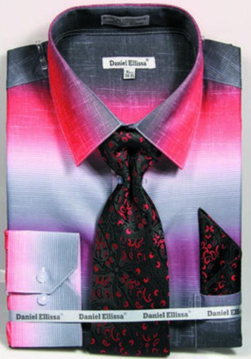 Red Multi Color Printed Dress Shirt Set with Convertible Cuff Product Image