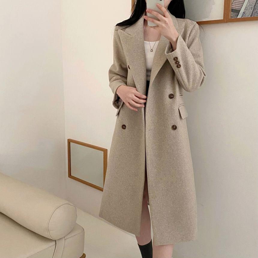 Peak Lapel Plain Midi Double Breasted Coat Product Image