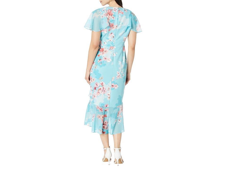 Adrianna Papell Printed Floral Flutter Sleeve Dress with Cascade Ruffle Hem (Aqua Multi) Women's Dress Product Image