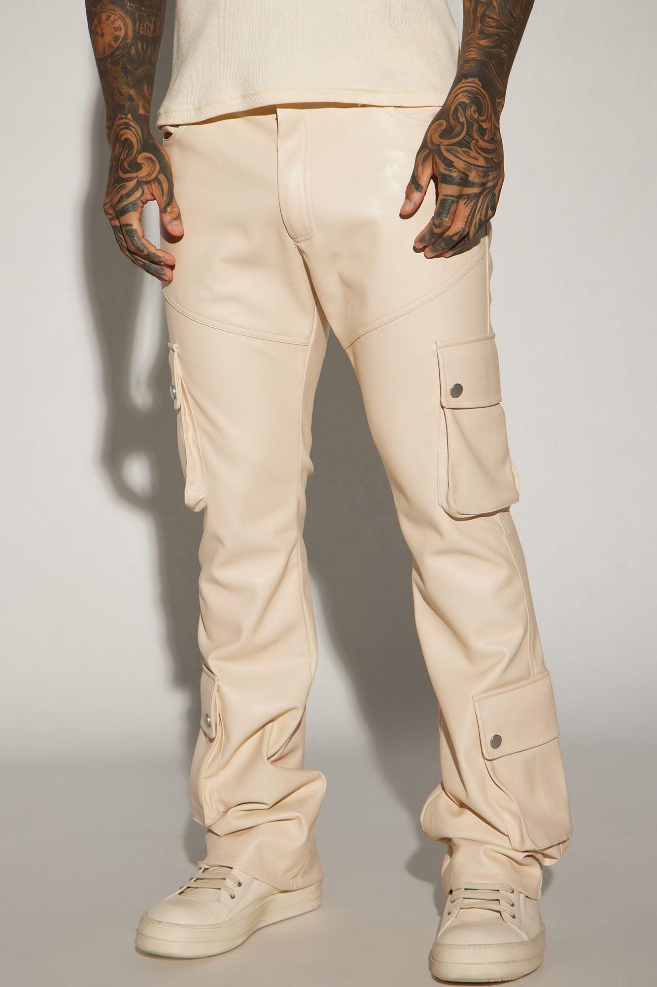 Name Of Love Faux Leather Stacked Slim Flare Pants - Cream Product Image