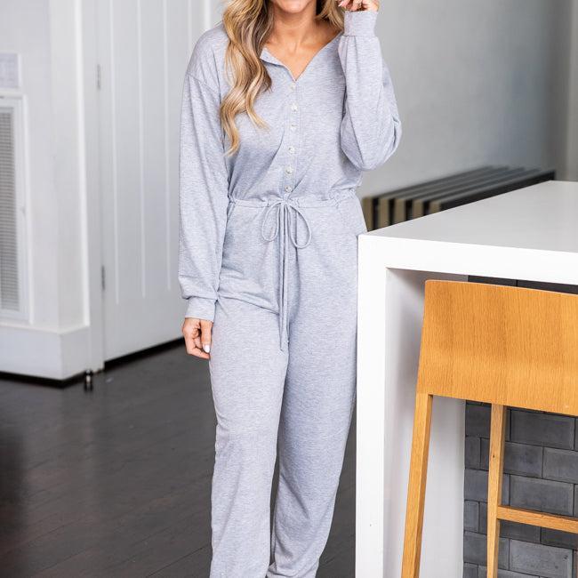 Under Montana Skies Heather Grey Knit Long Sleeve Jumpsuit FINAL SALE Product Image