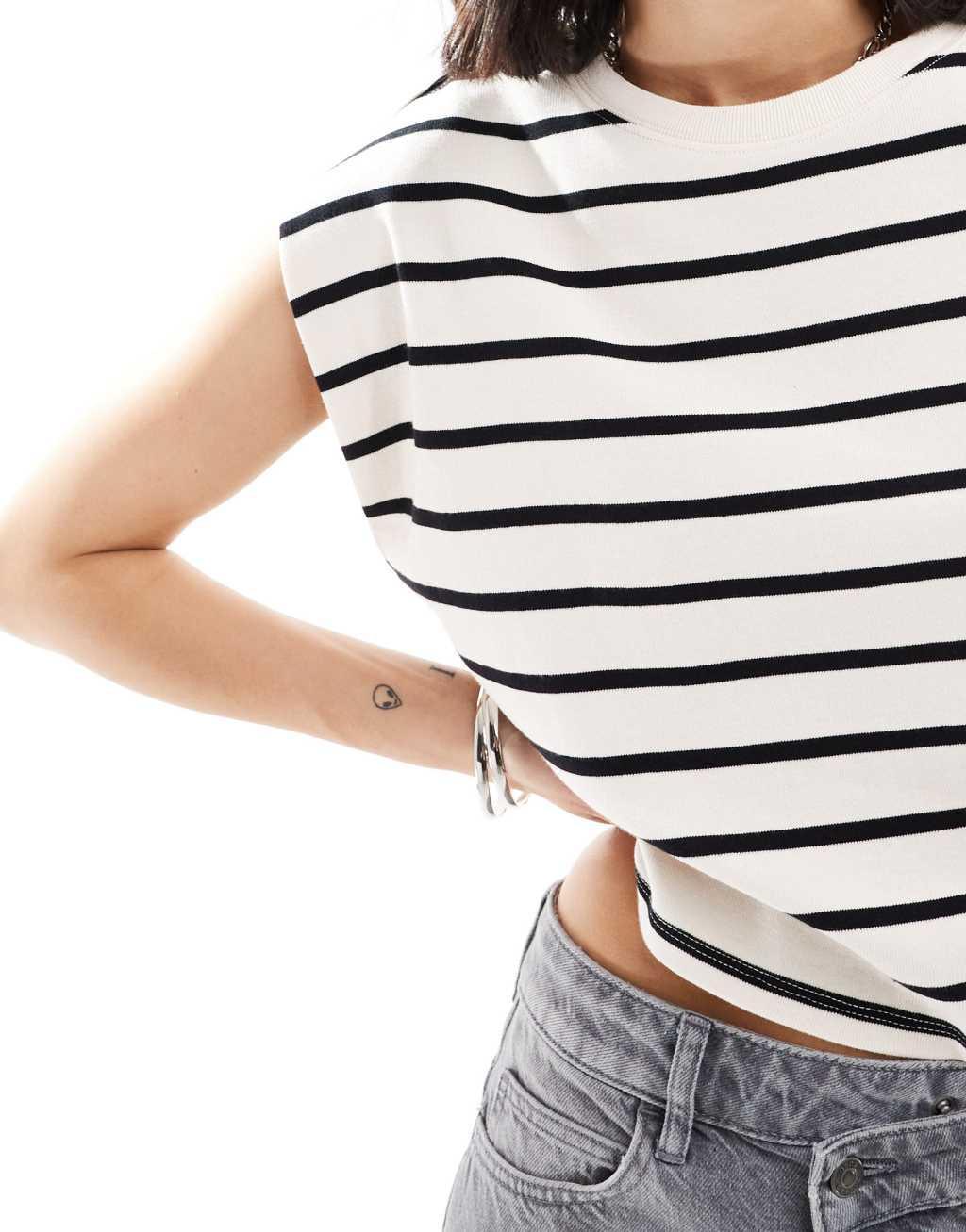 Mango shoulder detail striped top in white Product Image