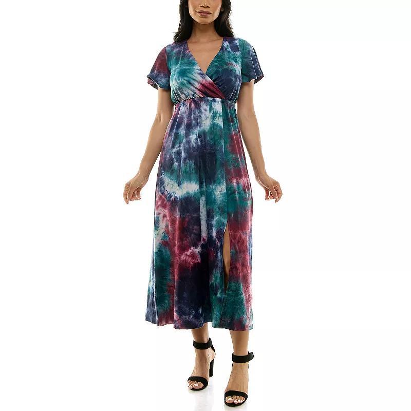 Womens Nina Leonard Tie Dye Print Flutter Sleeve V-Neck Maxi Dress Green Team Product Image