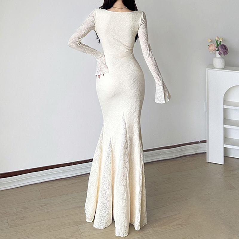 Bell Sleeve V-Neck Lace Panel Bow Accent Maxi Dress Product Image