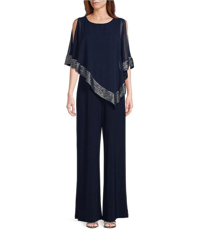 Ignite Evenings Foil Trim Boat Neck Asymmetric Cape Jumpsuit Product Image