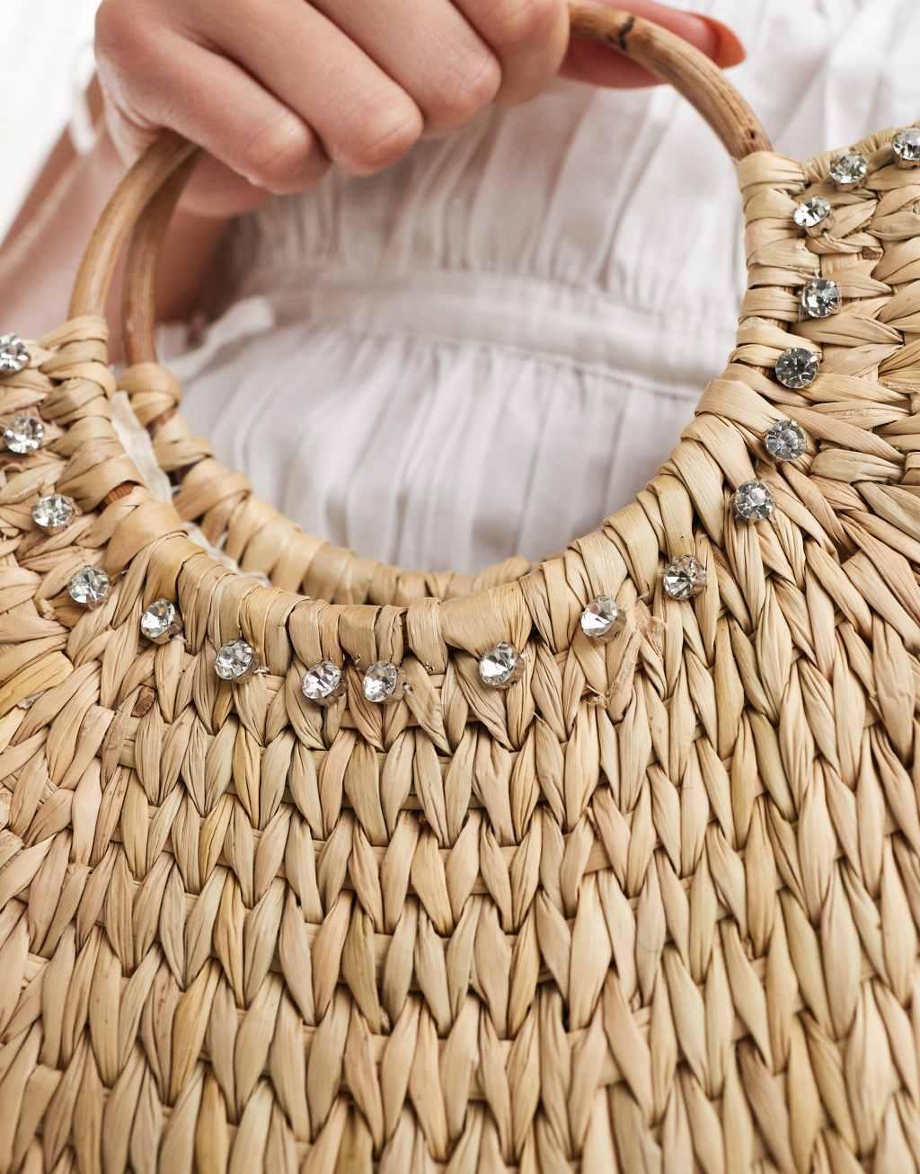 Glamorous embellished rattan beach mini grab bag in brown Product Image