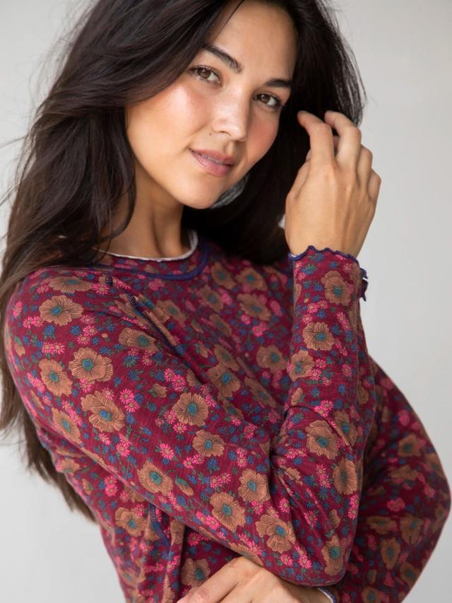 Lily Cotton Long Sleeve Tee Shirt - Cranberry Brown Floral Product Image