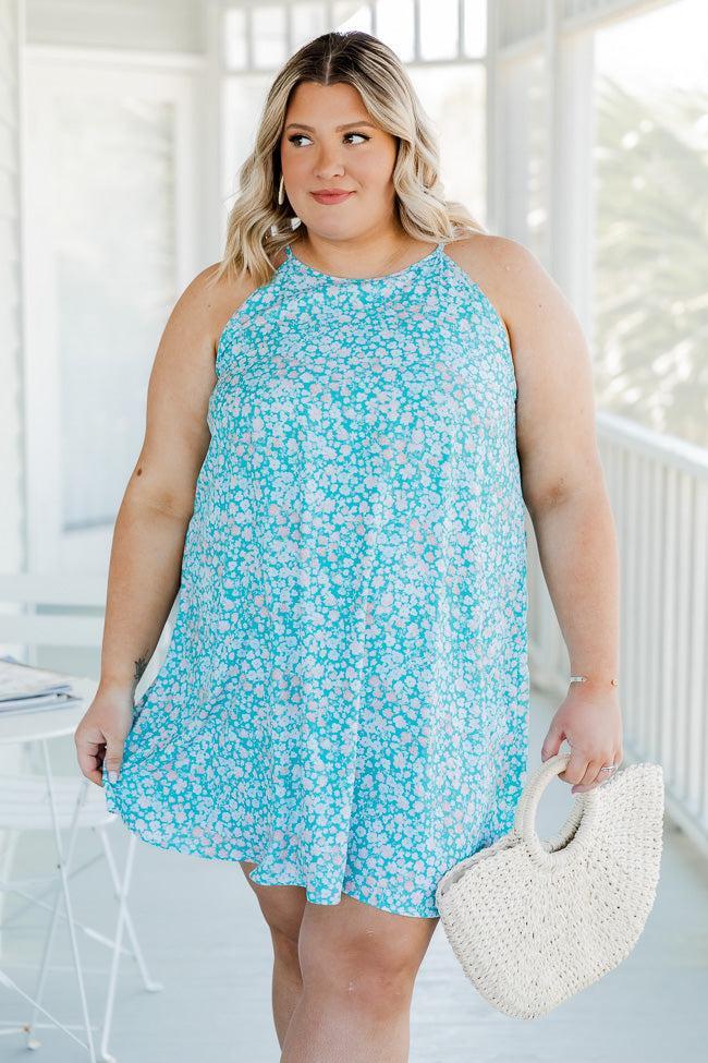 Skies Above Me Floral Teal Halter Mini Dress Product Image