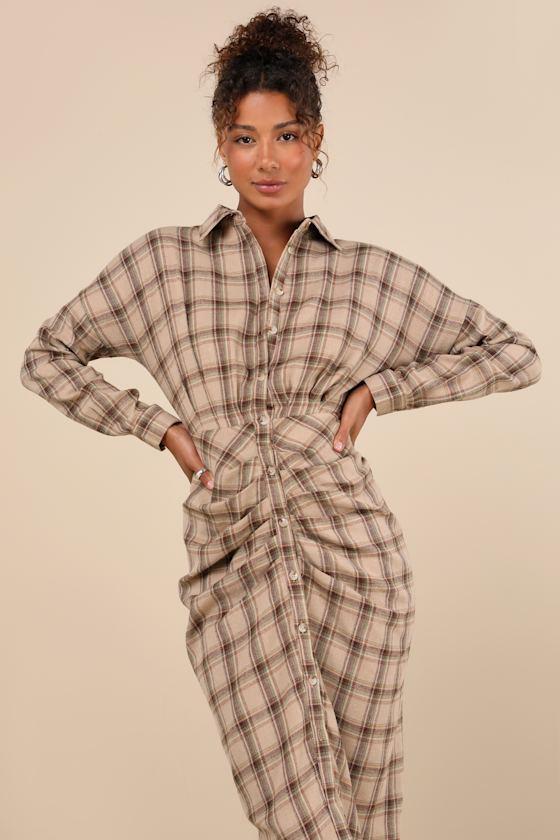 Seasonal Spirit Taupe Plaid Ruched Long Sleeve Midi Dress product image