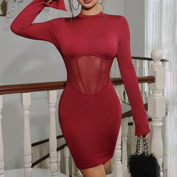 Long Sleeve Round Neck Plain See-Through Mesh Panel Bodycon Mini Dress Product Image