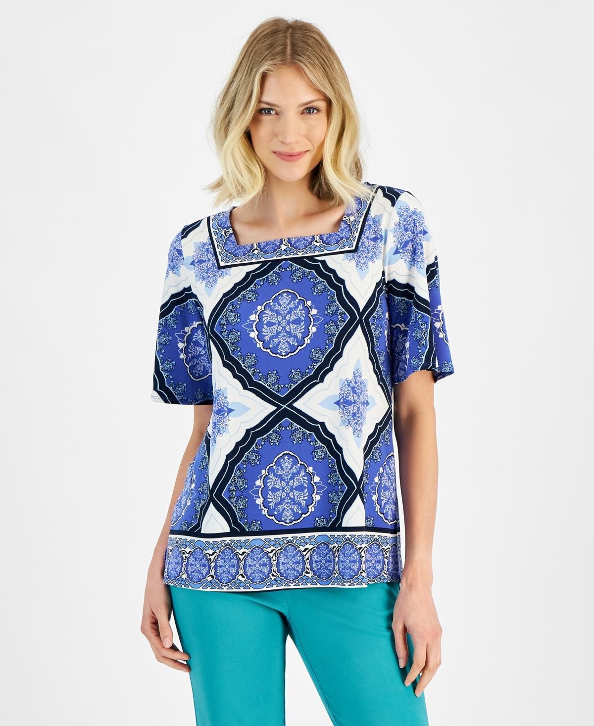 Jm Collection Womens Printed Square Neck Short Sleeve Top, Created for Macys Product Image