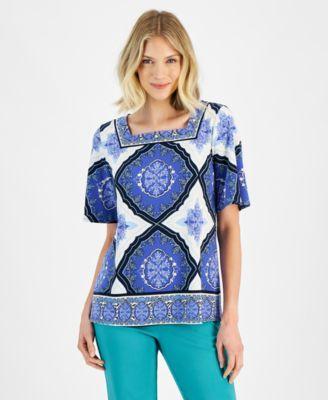 Jm Collection Womens Printed Square Neck Short Sleeve Top, Created for Macys Product Image