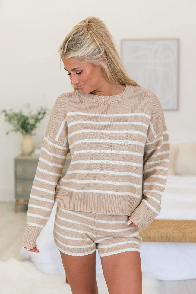 What Goes Around Taupe Striped Sweater Lounge Set Product Image