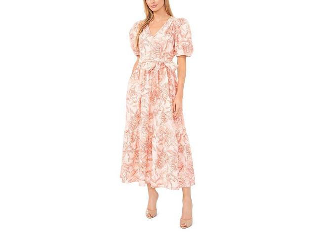 CeCe Printed Linen Puff Sleeve V-Neck Maxi Dress (Sweet Rose) Women's Dress Product Image