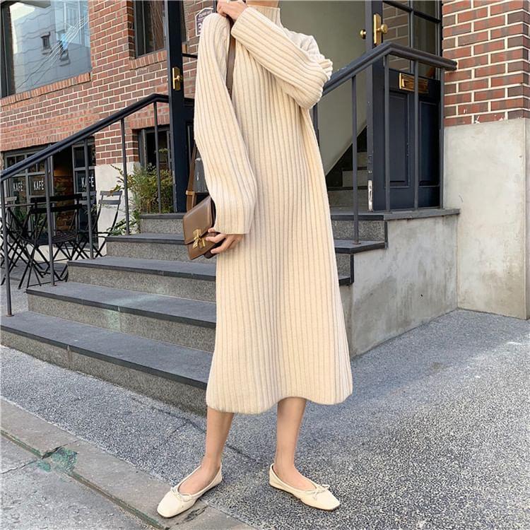 Long-Sleeve High Neck Plain Ribbed Midi Knit Dress product image