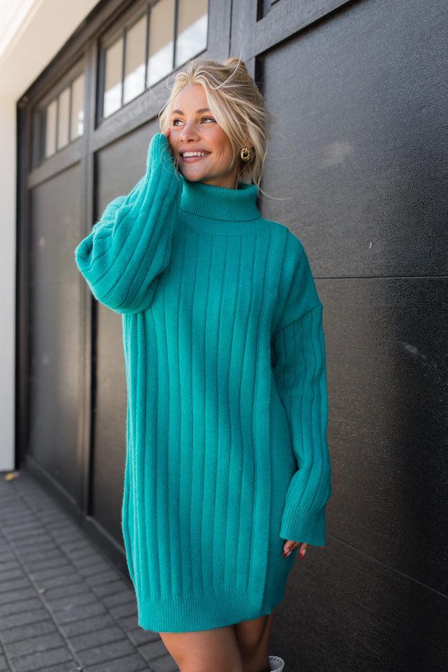 All Yours Teal Turtleneck Sweater Dress Product Image