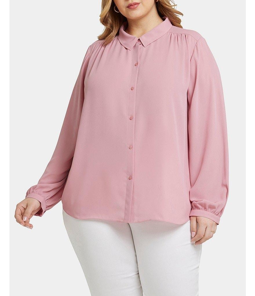 NYDJ Plus Size Modern Woven Point Collar Long Sleeve Shirttail Button Front Top Product Image