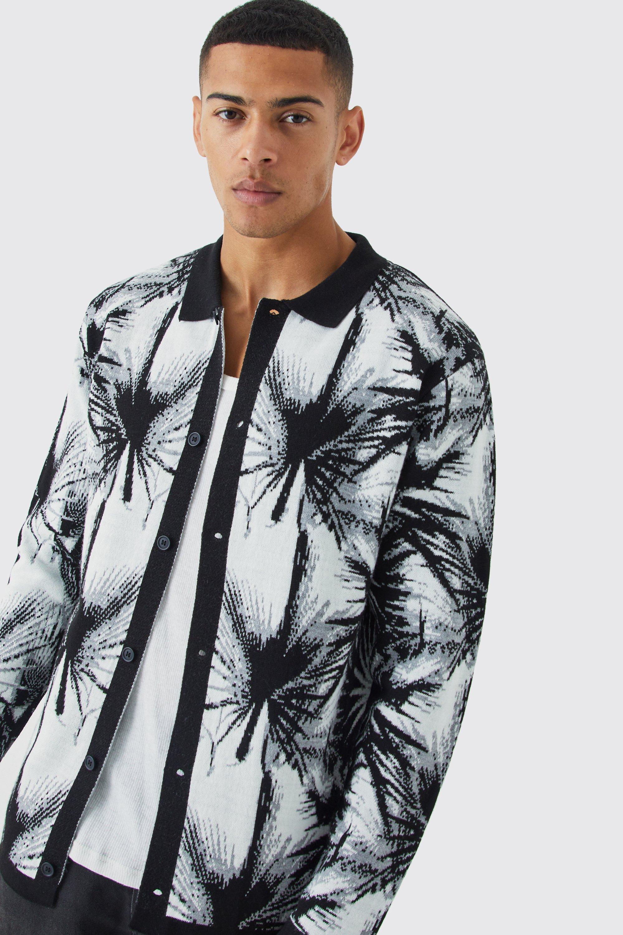 Long Sleeve Palm Patterned Knitted Shirt In Black | boohooMAN USA Product Image