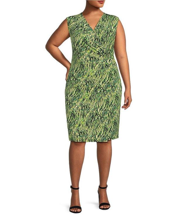 Kasper Plus Size Printed Signature ITY V-Neck Sleeveless Gold Buckle Wrap Sheath Dress Product Image