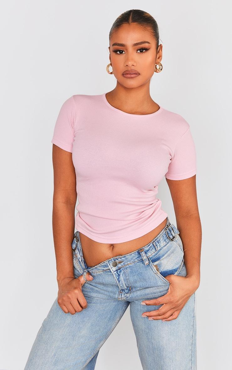 Pink Ribbed Short Sleeve T Shirt product image