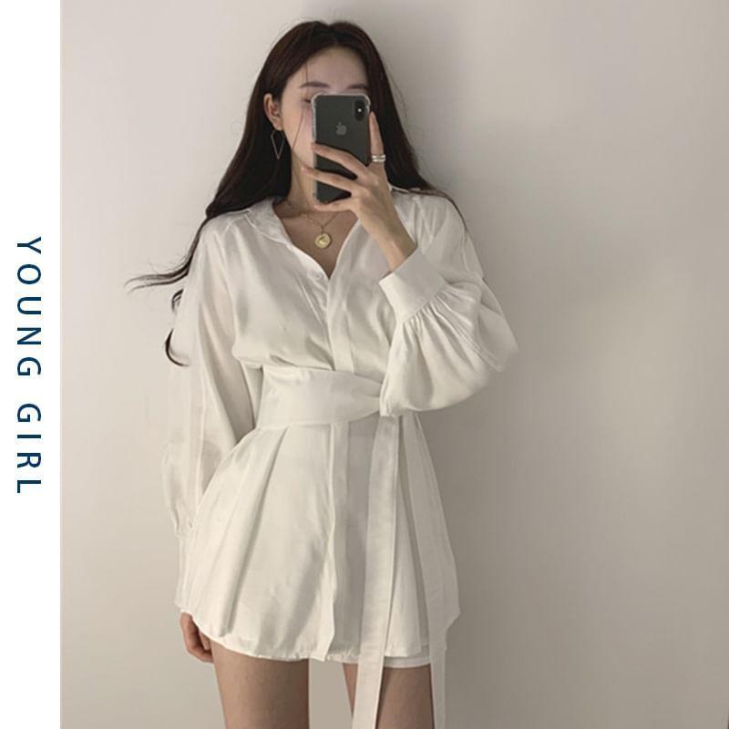 Set: Lantern-Sleeve Mini A-Line Shirtdress + Shorts Product Image