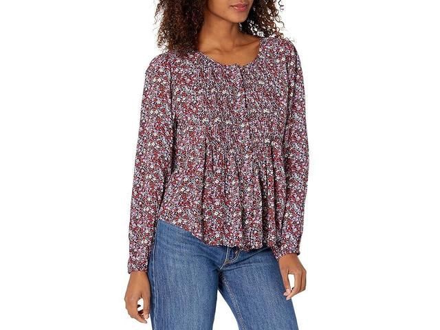 Lucky Brand Printed Button-Down Pin Tuck Top (Navy Multi) Women's Clothing Product Image