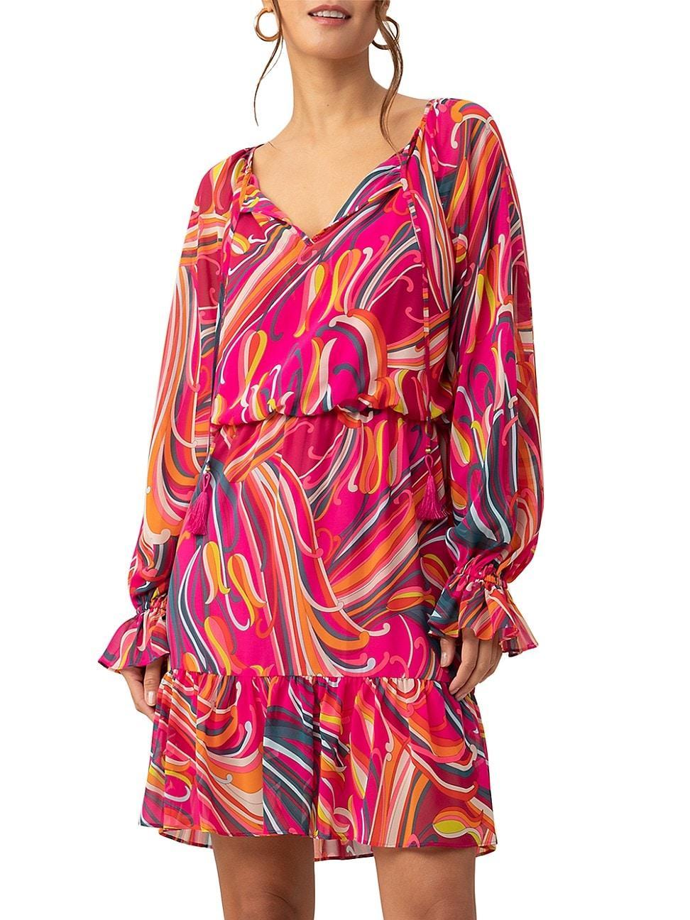 Trina Turk Viti Woven Broadway Blossom Floral Print Drawstring Tie V-Neck Long Sleeve Tiered Blouson Dress Product Image