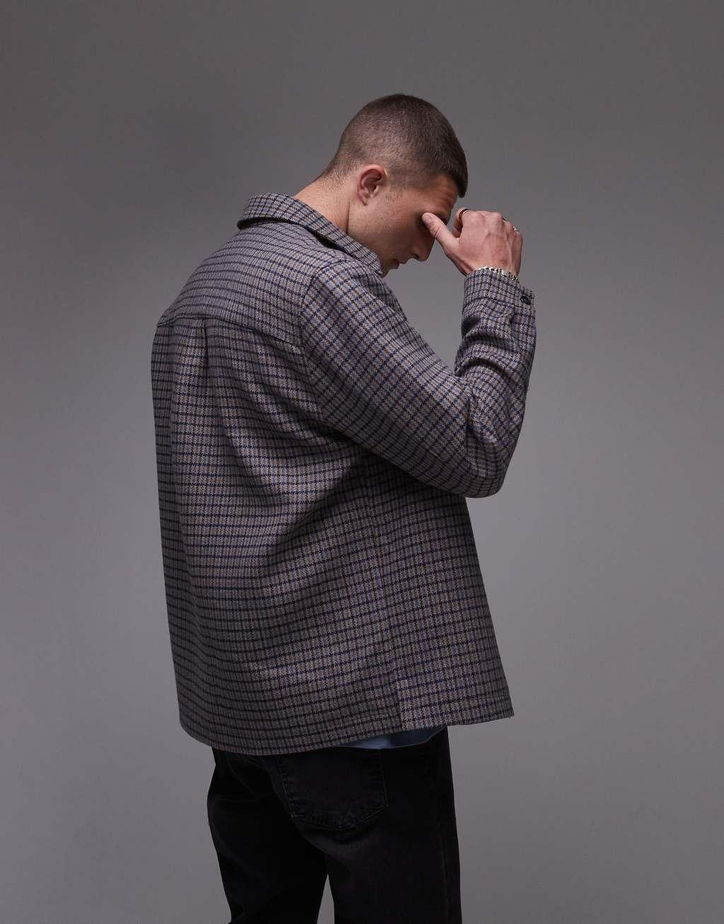 Topman long sleeve plaid overshirt in brown Product Image