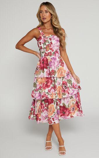 Caro Midi Dress - One Shoulder Tiered Dress in Spring Floral Product Image