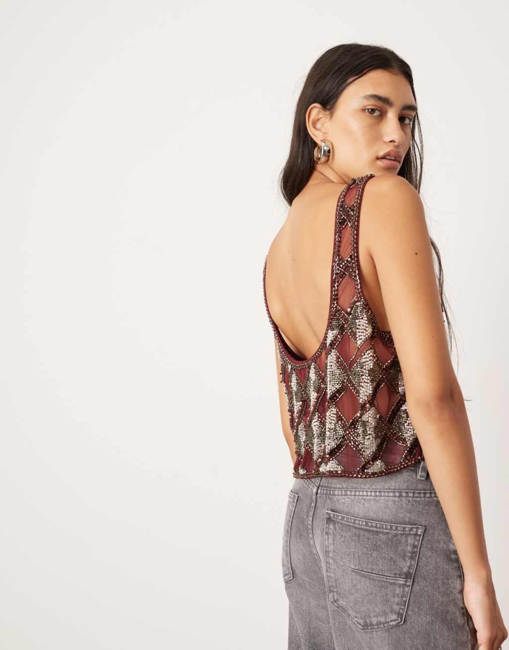 ASOS EDITION geo embellished cut work tank top in red Product Image