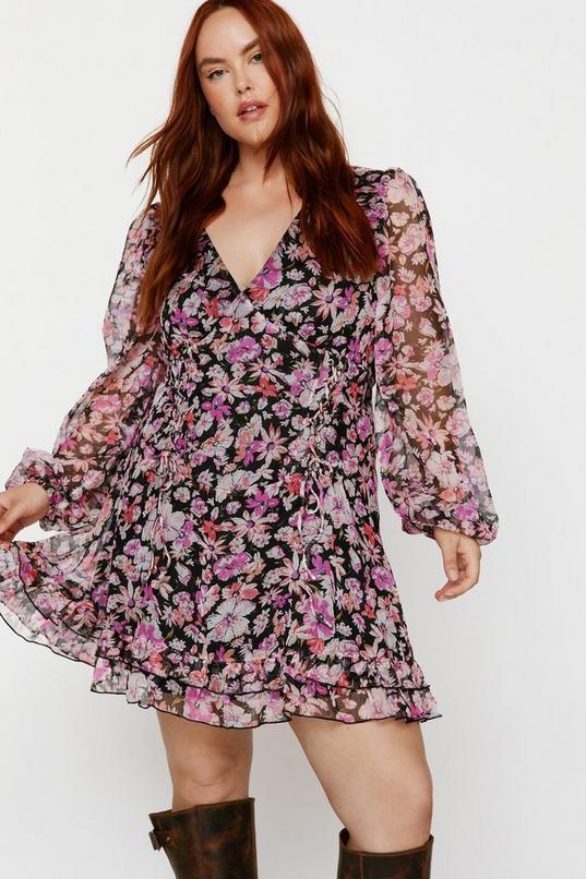 Plus Size Floral Chiffon Lace Up Mini Dress Product Image