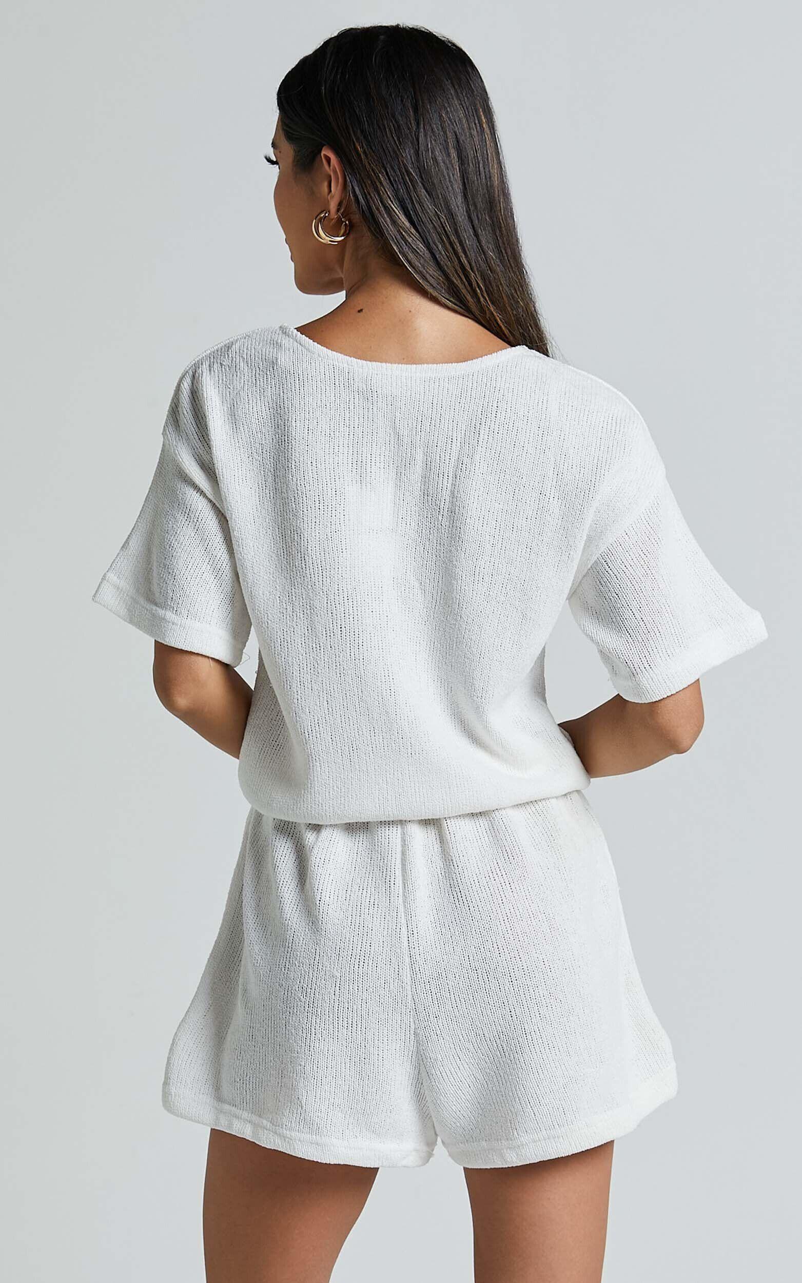 Edeline Playsuit - Button Front Short Sleeve Drawstring Waist in Off White Product Image