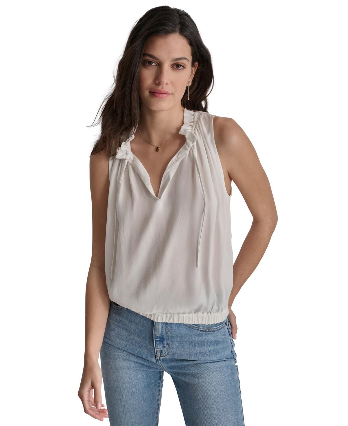 DKNY Women's Ruffled Split-Neck Elastic-Waist Top Product Image