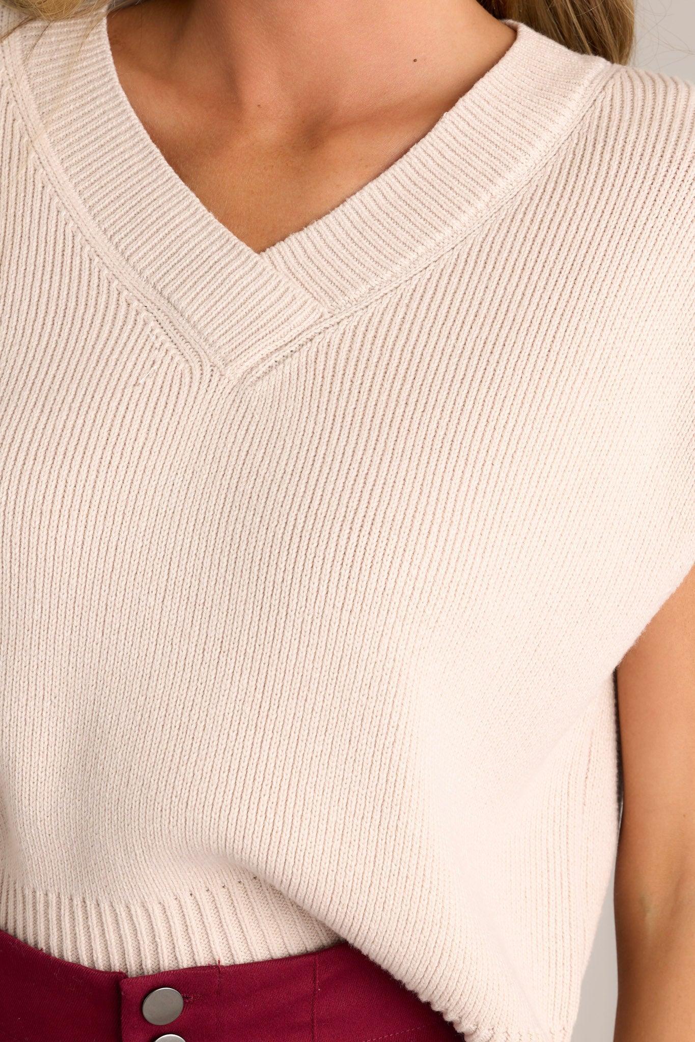 Rustic Retreat Beige Short Sleeve Sweater Top Product Image