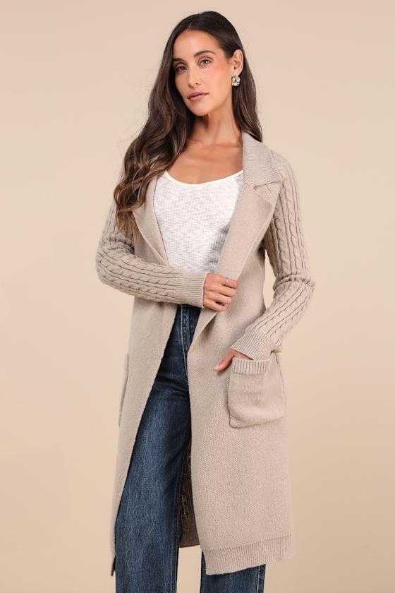 Cozy Effect Taupe Cable Knit Duster Cardigan Product Image