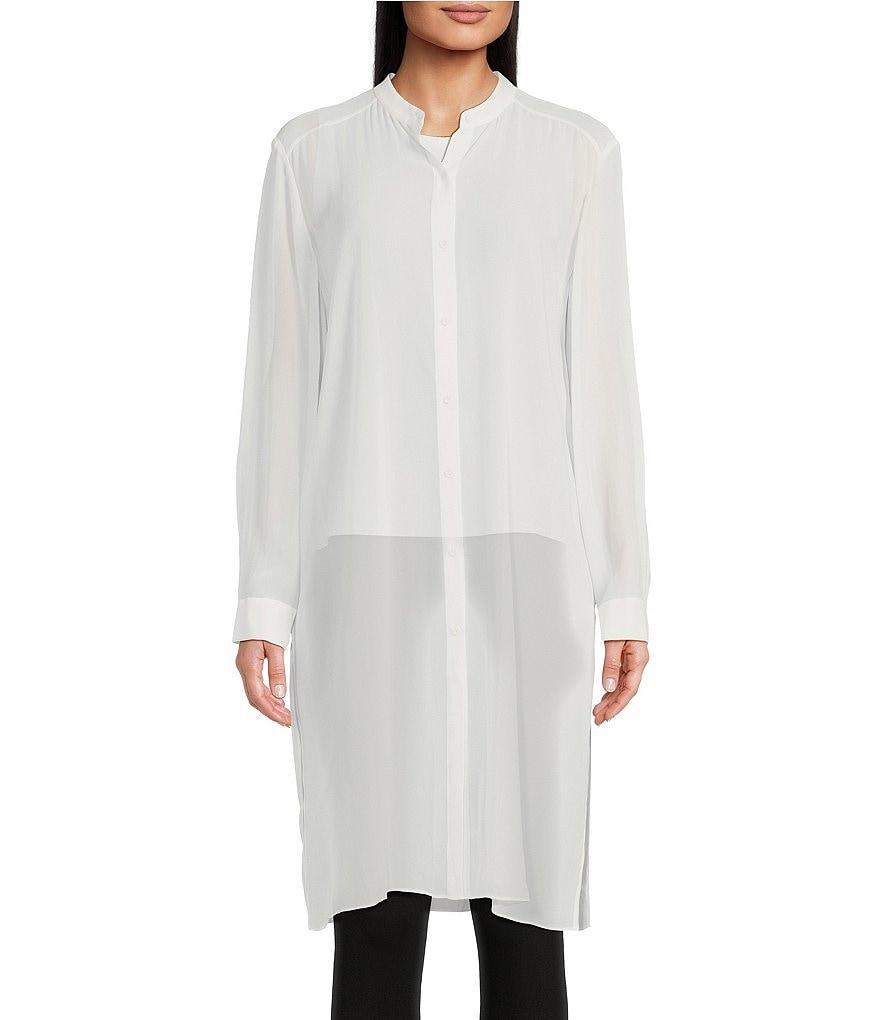 Eileen Fisher Sheer Silk Georgette Mandarin Collar Long Sleeve Button Front Shirt Product Image