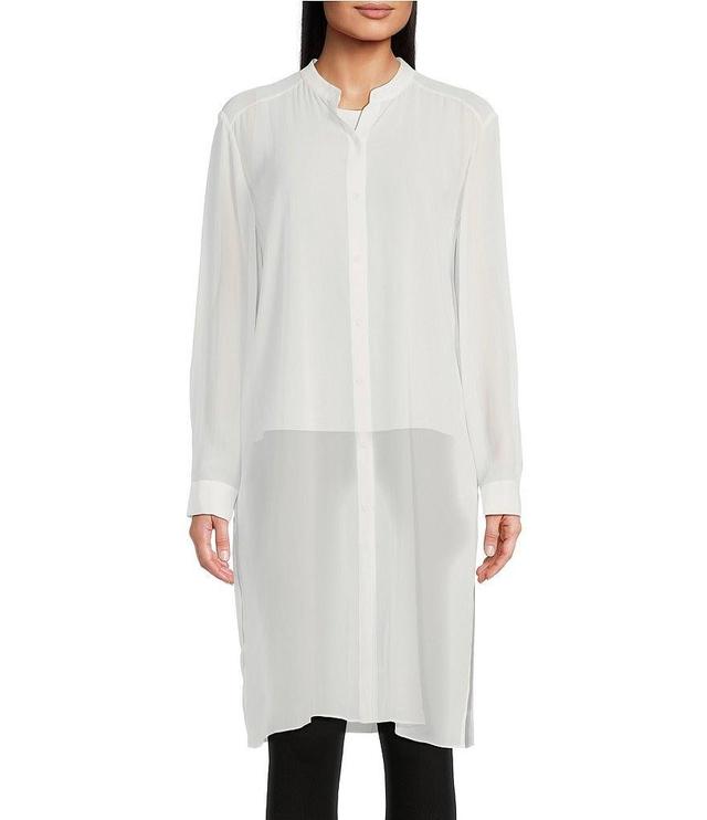 Eileen Fisher Sheer Silk Georgette Mandarin Collar Long Sleeve Button Front Shirt Product Image