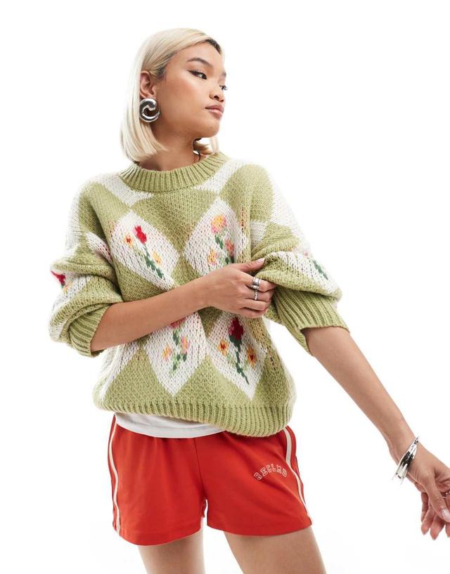 Bailey Rose chunky knit sweater in spring floral green Product Image