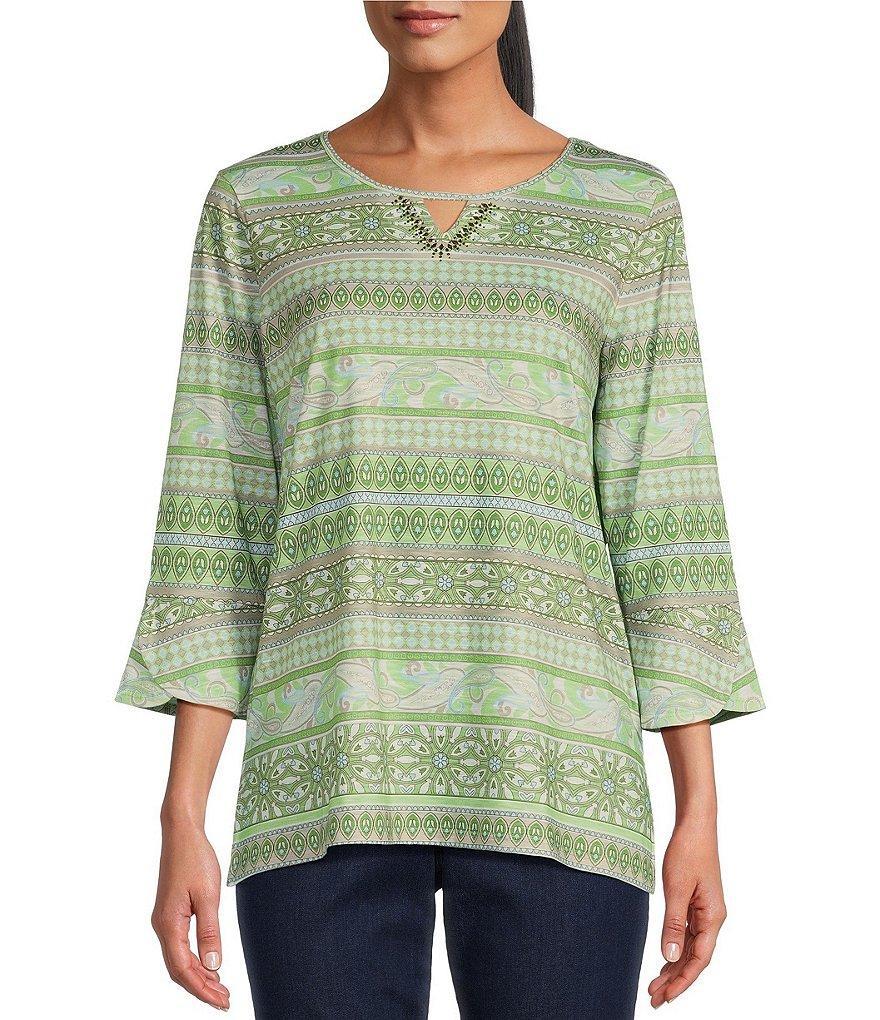 Allison Daley Embellished Paisley Stripe 3/4 Flare Sleeve Keyhole Neck Knit Top Product Image