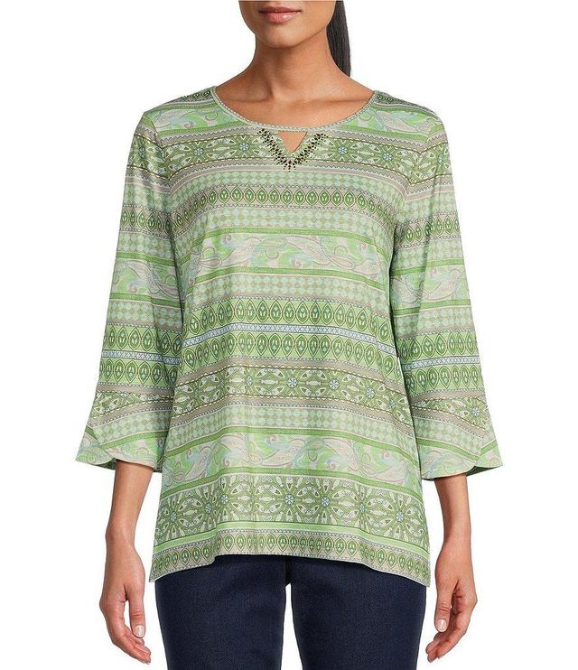 Allison Daley Embellished Paisley Stripe 3/4 Flare Sleeve Keyhole Neck Knit Top Product Image