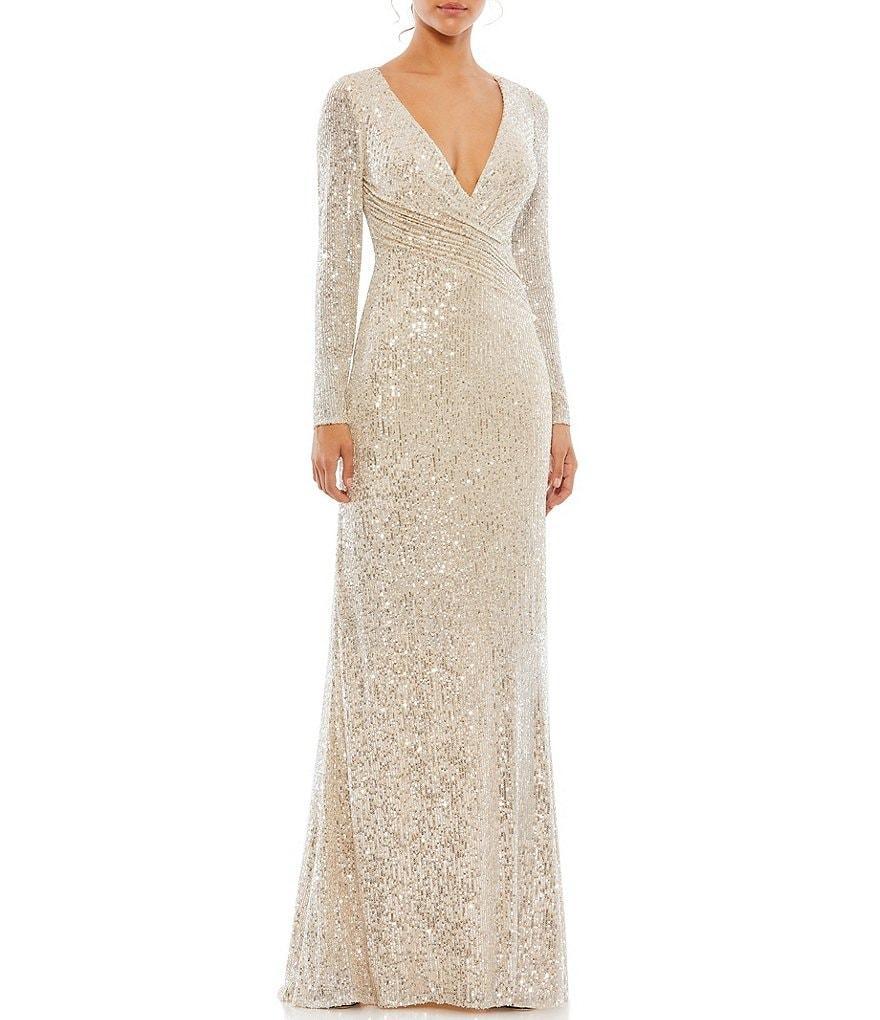 Mac Duggal Long Sleeve V-Neck Sequin Faux Wrap Gown product image