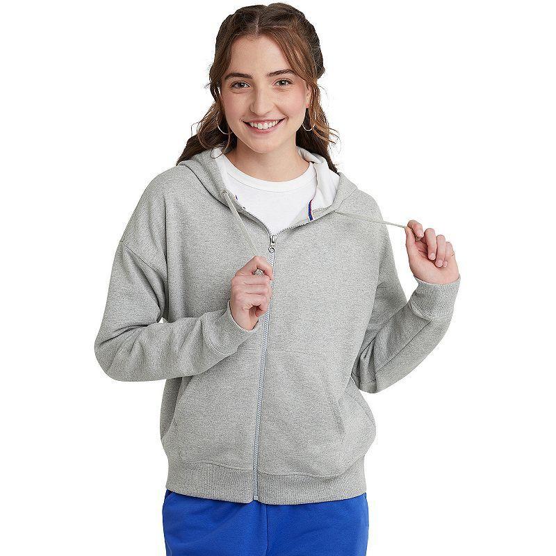 Womens Hanes Originals Full-Zip Fleece Hoodie Light Silver Product Image