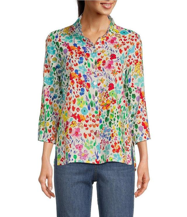 Ali Miles Allover Floral Print Linen Blend 3/4 Sleeve Button-Front Hi-Low Tunic Product Image