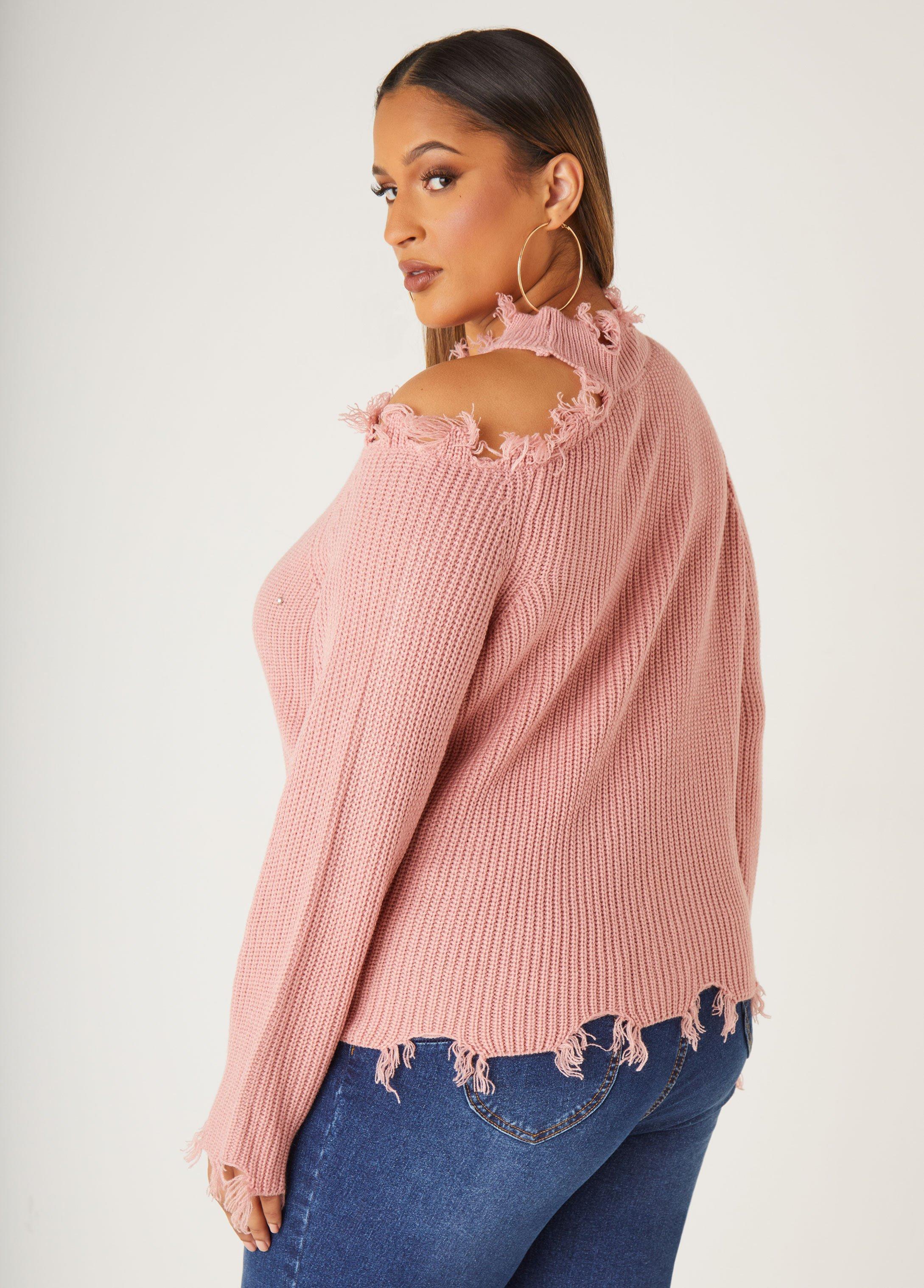 Plus Size Distressed Cutout Crystal Sweater Ashley Stewart Product Image