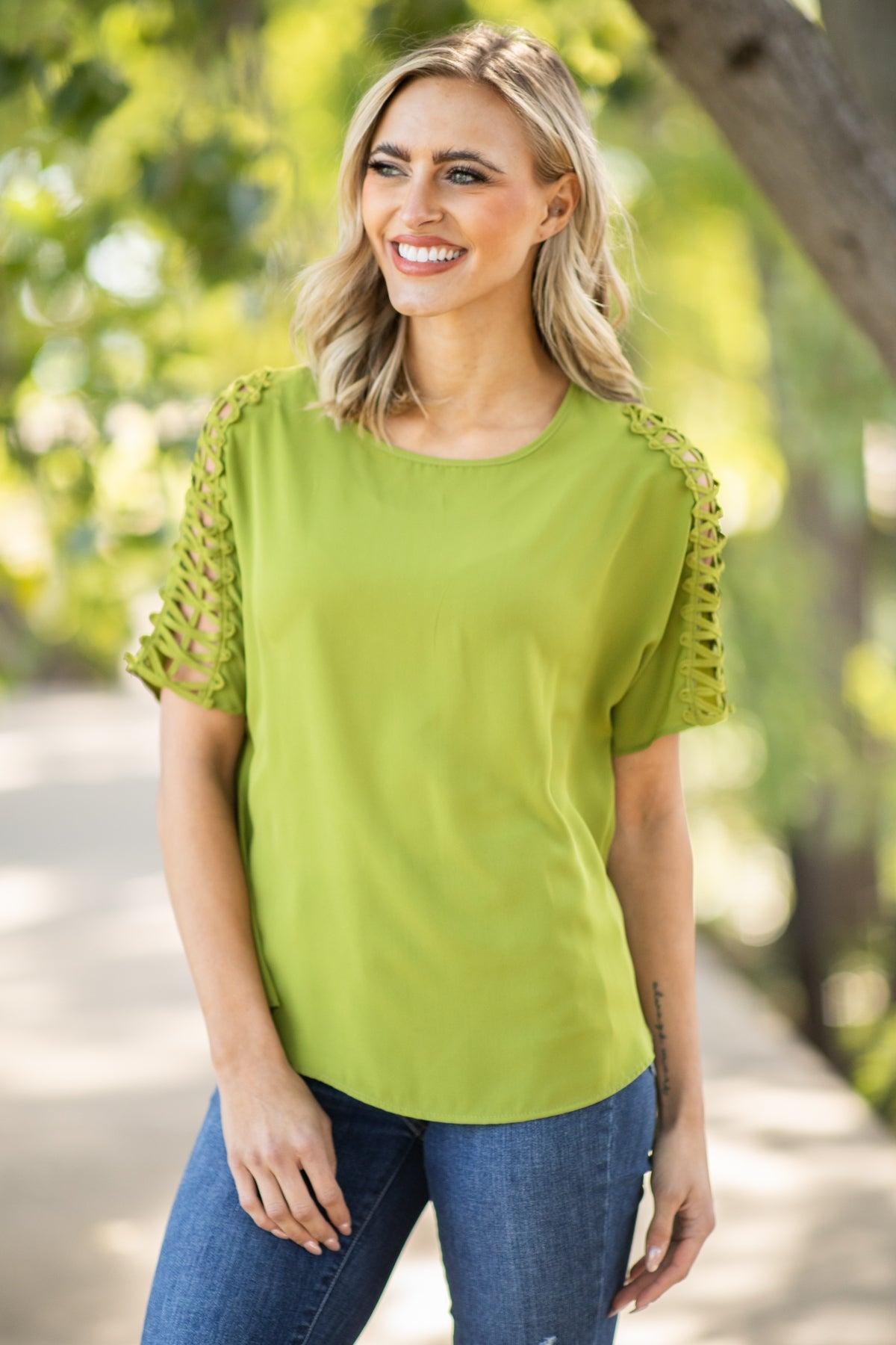 Light Olive Lattice Sleeve Top Product Image