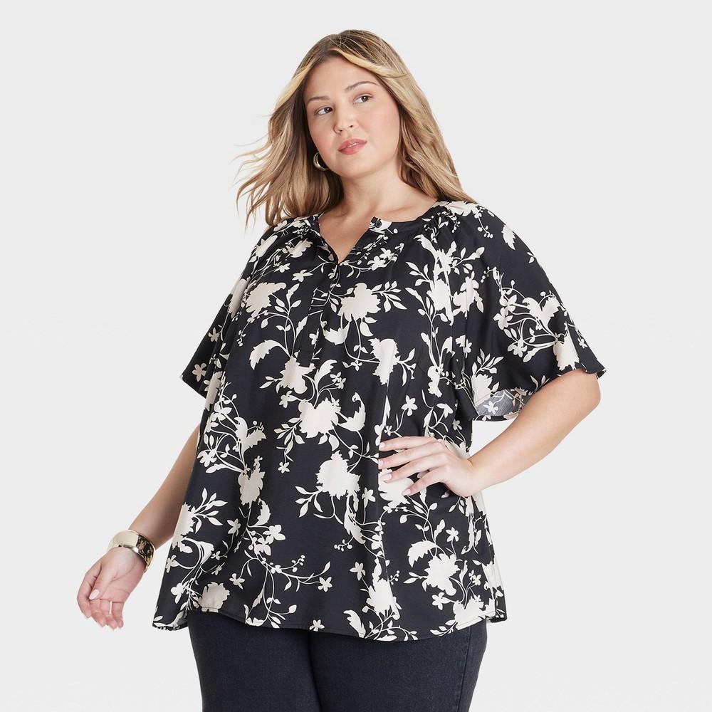 Womens Flutter Elbow Sleeve Blouse - Ava & Viv Black Floral 4X product image