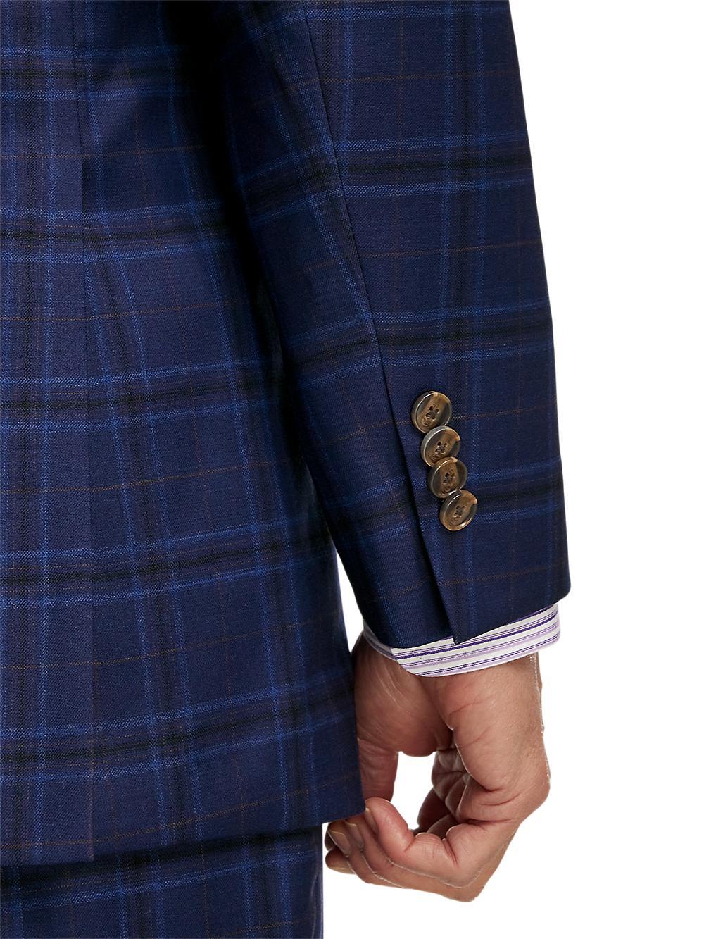 Wool Stretch Plaid Single Breasted Suit Jacket - Blue Product Image