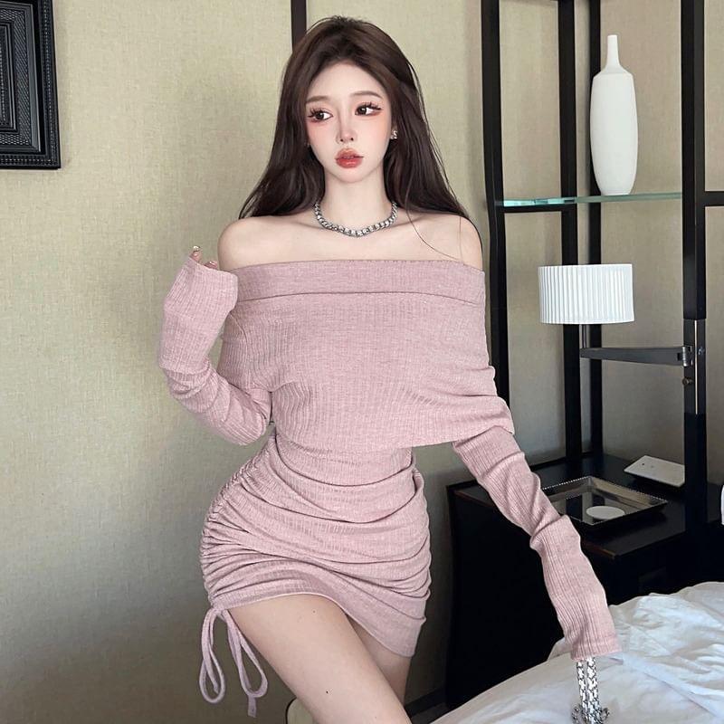 Off-Shoulder Long-Sleeve Plain Ribbed Drawstring Mini Knit Dress Product Image